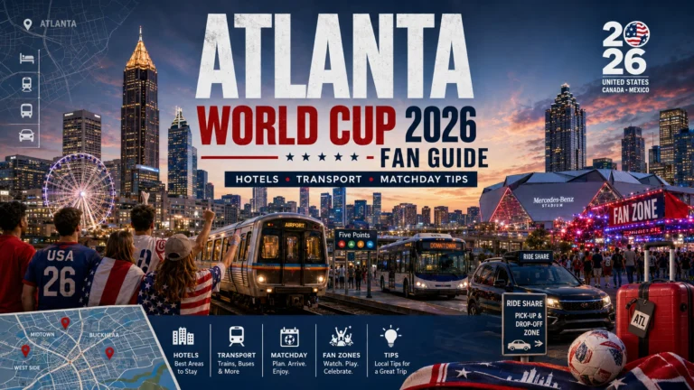 Atlanta World Cup 2026 fan guide image with hotels, transport, fans, and stadium lights.