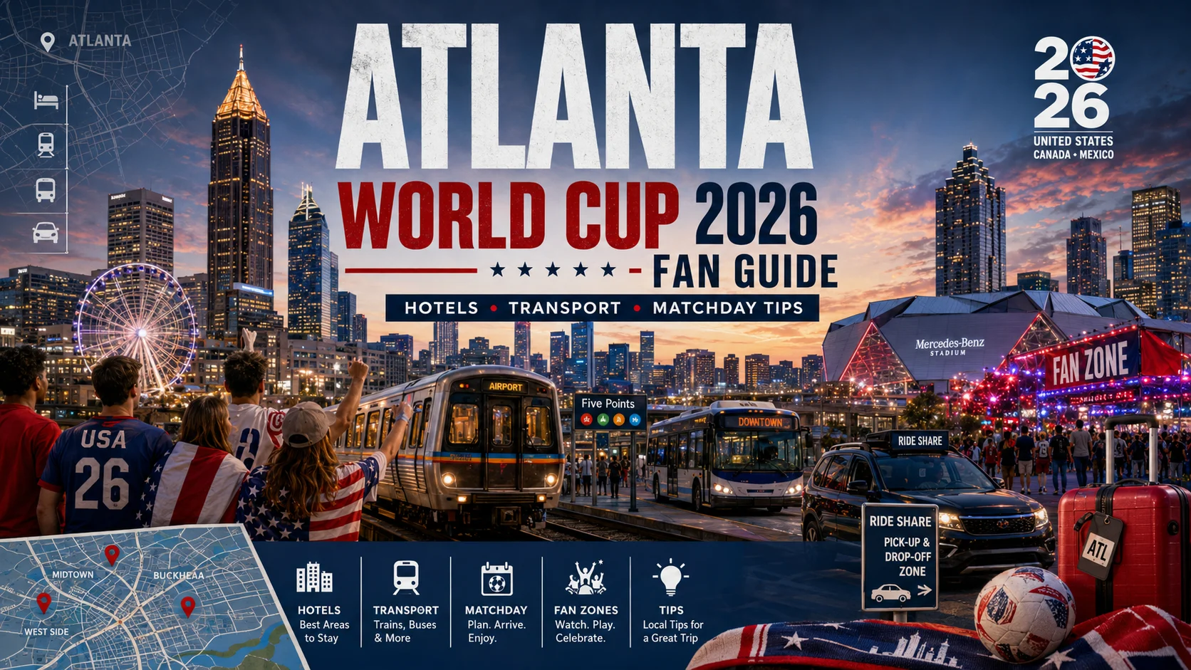 Atlanta World Cup 2026 fan guide image with hotels, transport, fans, and stadium lights.