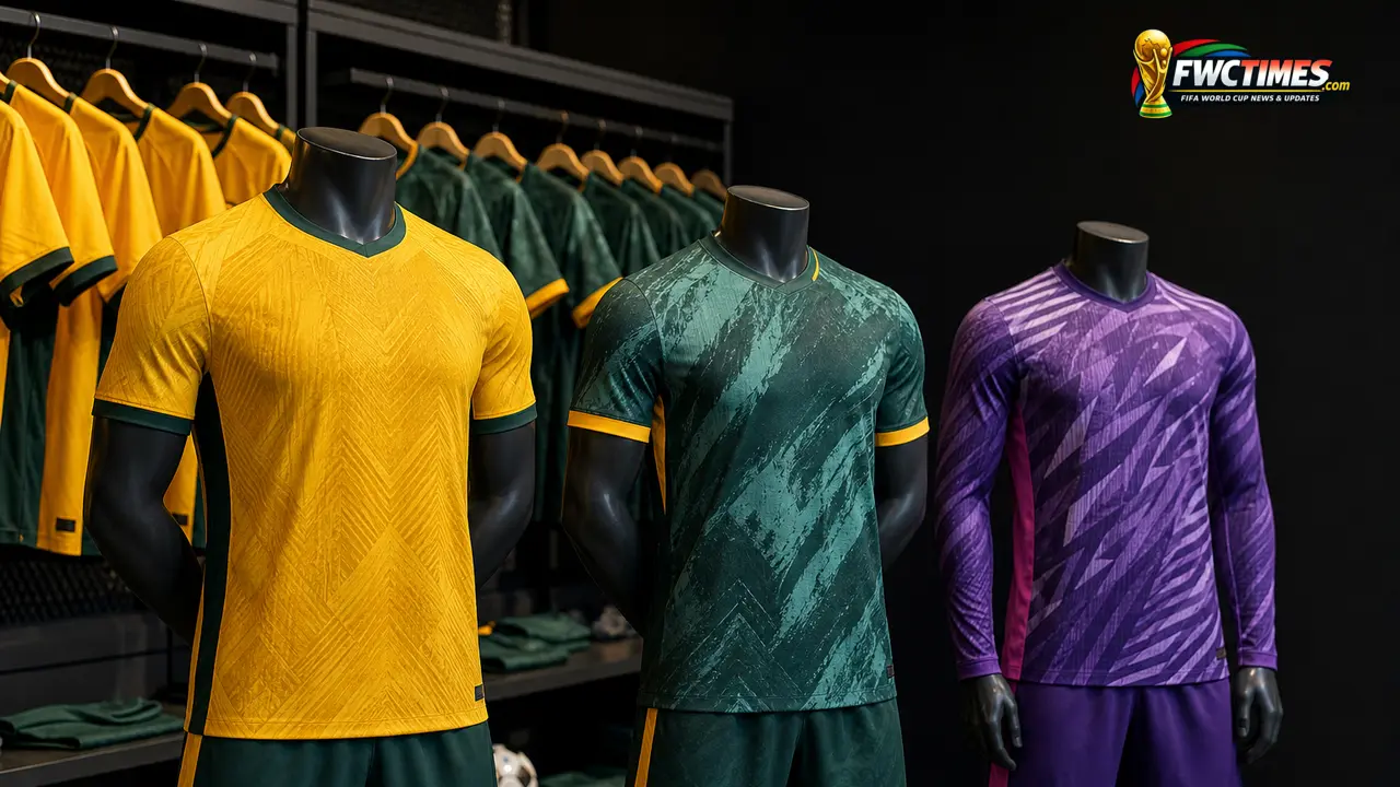 Australia 2026 home, away, and goalkeeper football jerseys in a premium editorial display