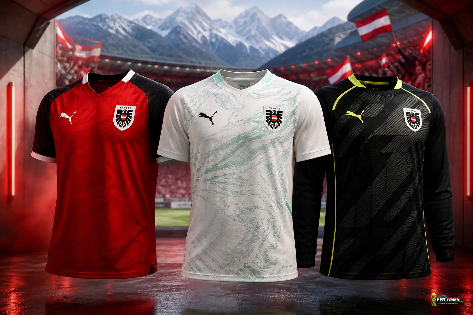 Austria FIFA World Cup 2026 kits showing the red home jersey, white away jersey and goalkeeper shirt with a small World Cup logo in the corner