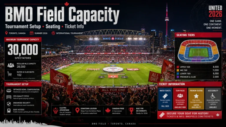 BMO Field capacity poster with seating, ticket, and World Cup 2026 tournament setup graphics.