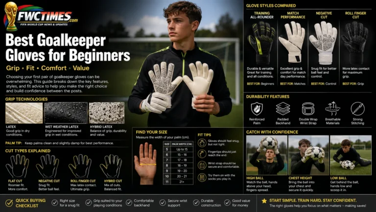 Goalkeeper gloves buying guide image showing beginner glove options, grip texture, and size guide.