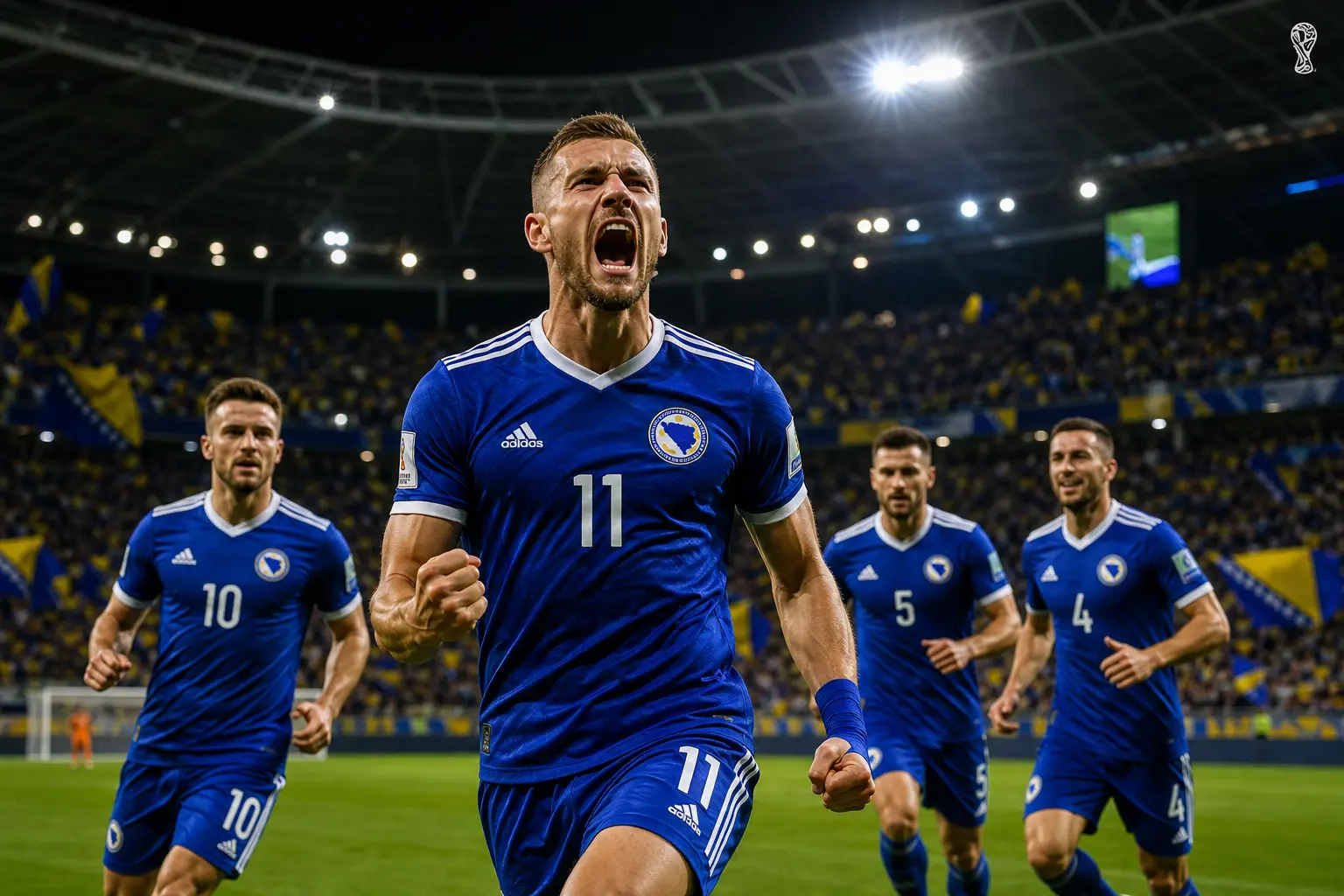 Bosnia and Herzegovina national football team 2026 featured image showing World Cup atmosphere with home, away and goalkeeper kits and a small World Cup logo in the corner