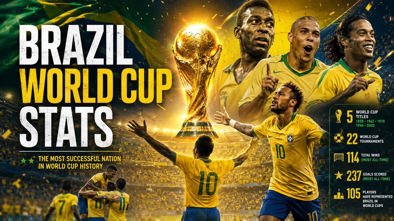 Brazil FIFA World Cup stats and records shown with trophy, stadium, and historic football atmosphere