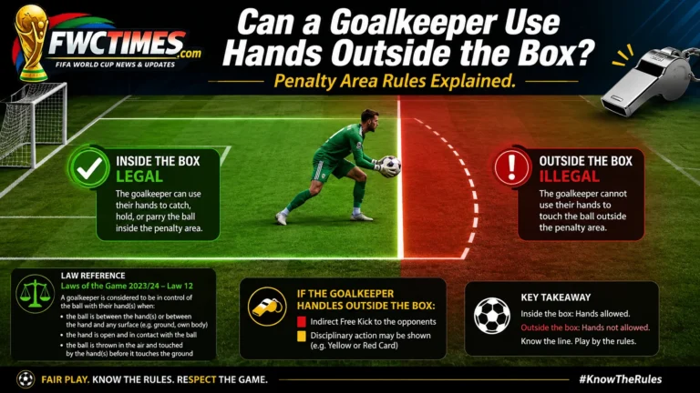Goalkeeper handball rule image showing penalty area line and legal versus illegal hand use.