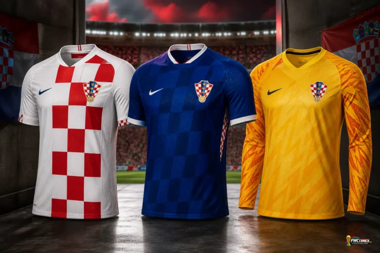 Croatia FIFA World Cup 2026 kits showing the white home jersey with red checks, blue away jersey and yellow-orange goalkeeper shirt with a small World Cup logo in the corner