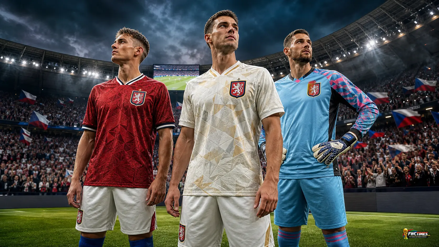 Czech Republic national football team 2026 featured image showing World Cup atmosphere with the home, away and goalkeeper shirts and a small World Cup logo in the corner