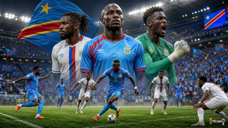 DR Congo national football team 2026 featured image showing World Cup atmosphere with the home, away and goalkeeper shirts and a small World Cup logo in the corner