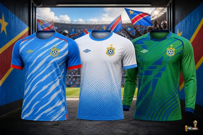 DR Congo FIFA World Cup 2026 kits showing the sky blue home jersey, white away jersey and green goalkeeper shirt with a small World Cup logo in the corner
