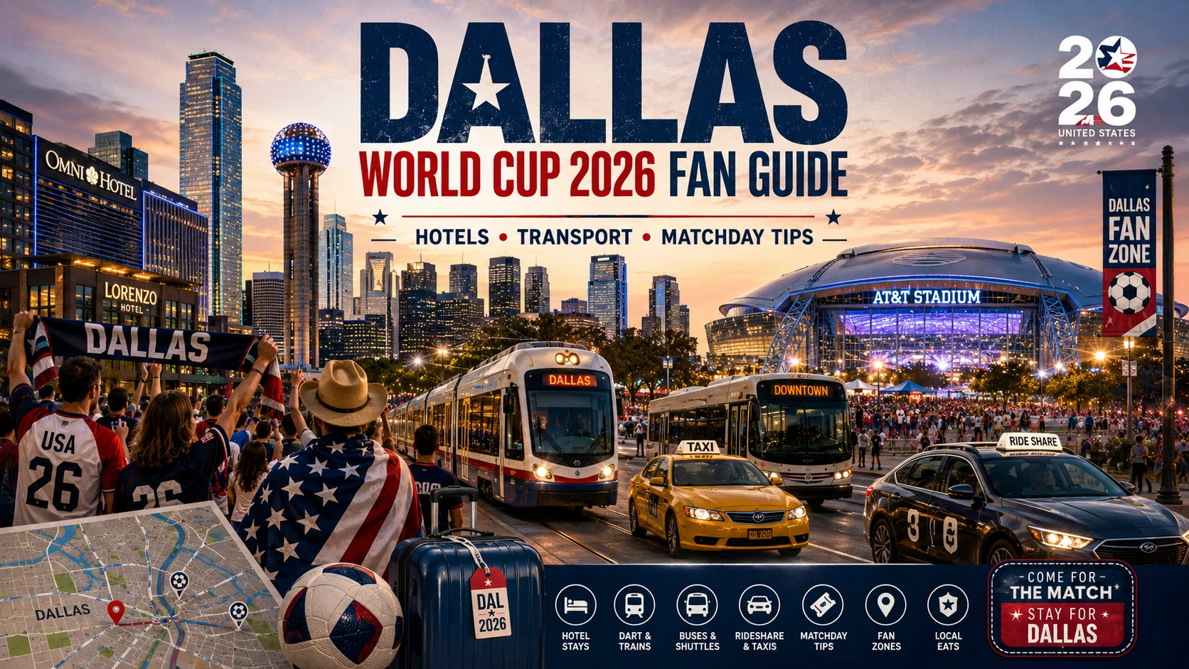 Dallas World Cup 2026 fan guide image with hotels, transport, football fans, and city tips.