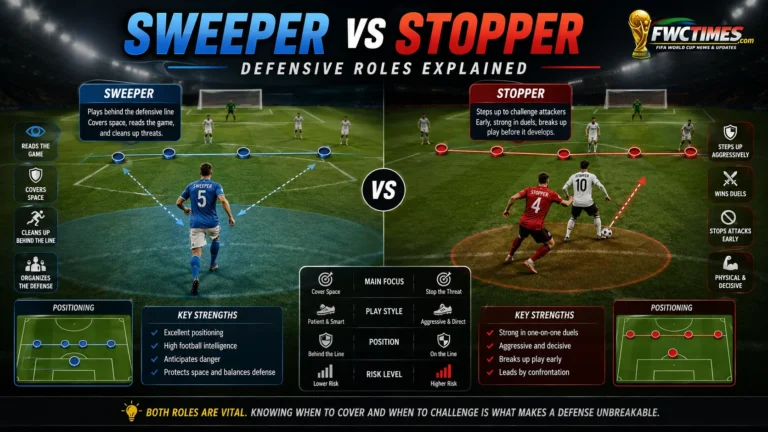Sweeper vs stopper football tactics image comparing defensive roles with arrows and pitch zones.