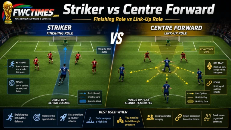 Striker vs centre forward football comparison image showing finishing runs and link-up play.