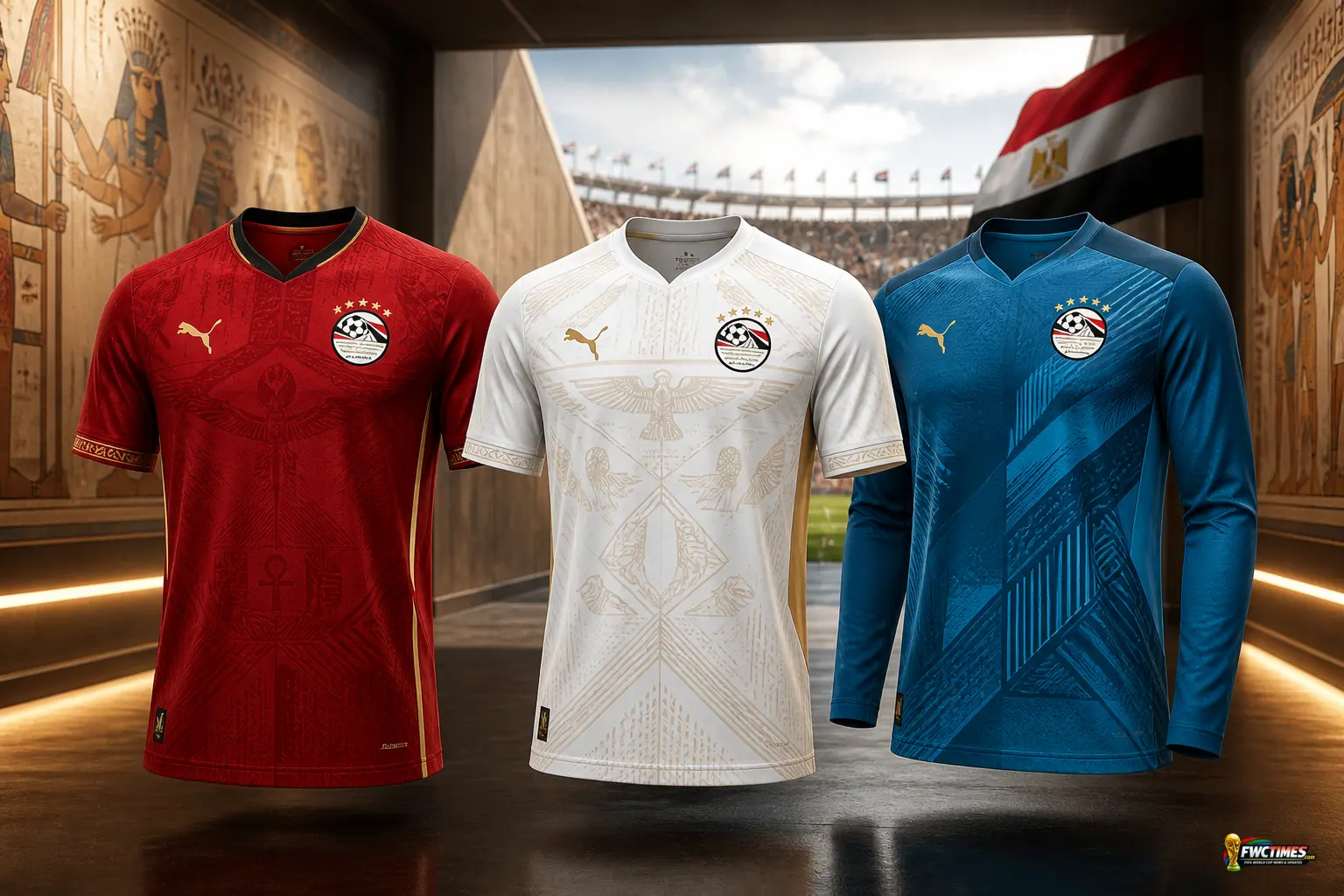 Egypt 2026 FIFA World Cup kits showing the red home jersey, white away jersey and contrasting goalkeeper shirt in a stadium-style editorial layout