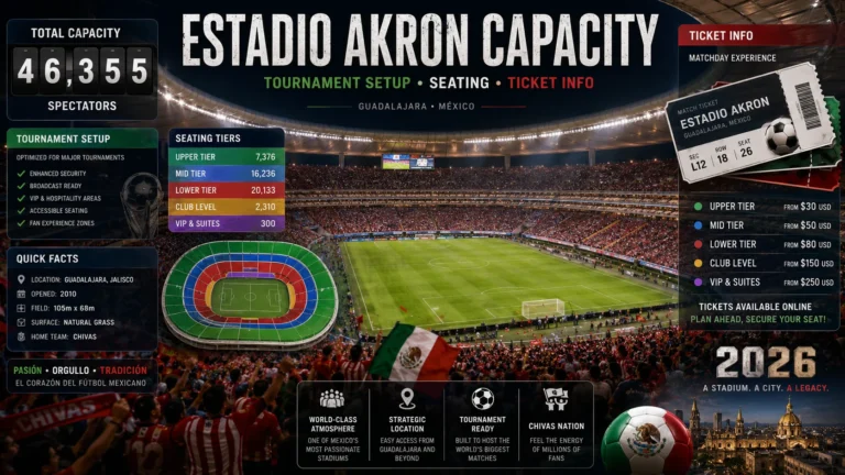 Estadio Akron capacity poster with seating, ticket, and World Cup 2026 tournament setup visuals.