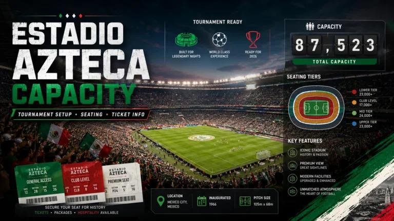 Estadio Azteca capacity featured image with seating, ticket, and tournament setup graphics.