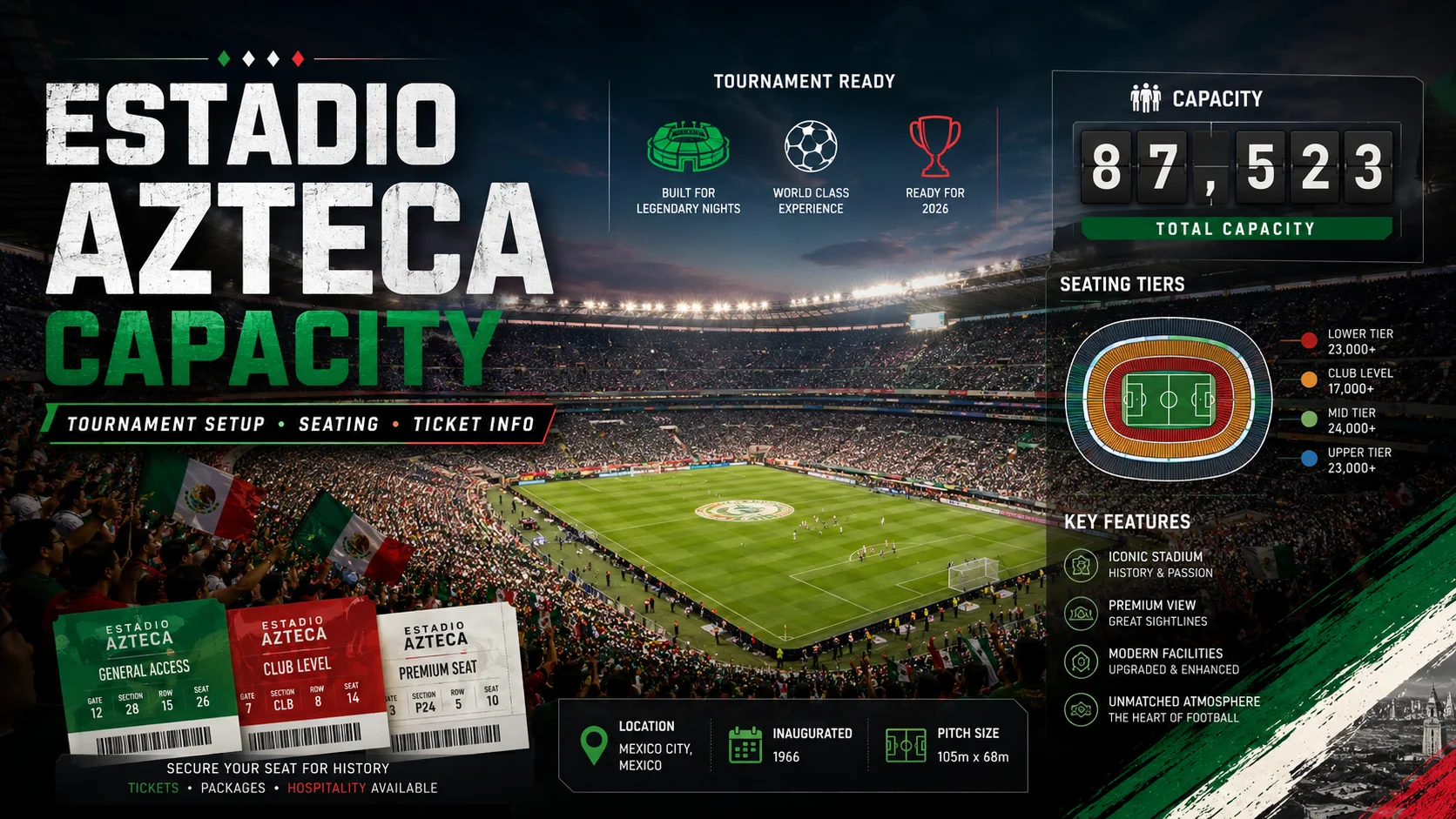 Estadio Azteca capacity featured image with seating, ticket, and tournament setup graphics.