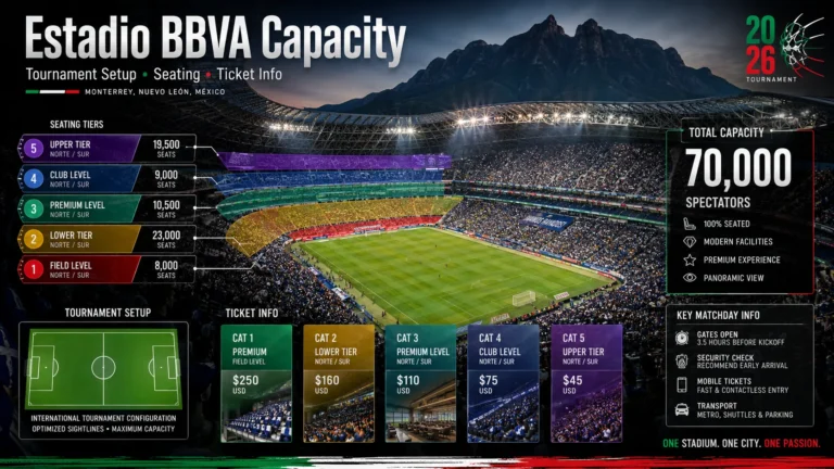 Estadio BBVA capacity image with seating, ticket, and World Cup 2026 tournament setup graphics.