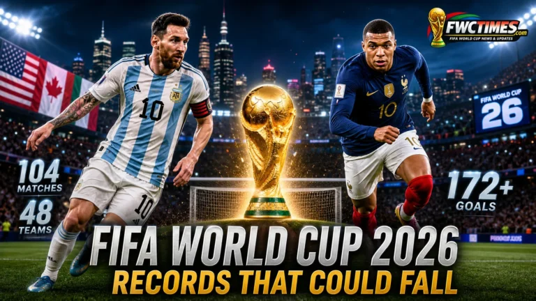A dramatic FIFA World Cup 2026 stadium scene showing star players in a record-chasing tournament atmosphere.