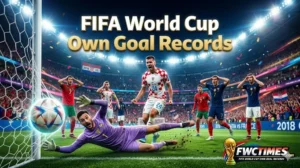 Defender scoring an own goal during a dramatic FIFA World Cup football match in front of shocked fans.