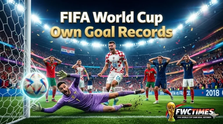 Defender scoring an own goal during a dramatic FIFA World Cup football match in front of shocked fans.