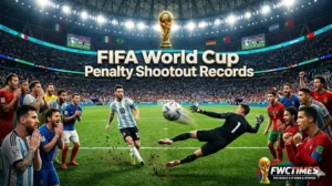 Dramatic FIFA World Cup penalty shootout scene with goalkeeper diving to save a crucial penalty kick.