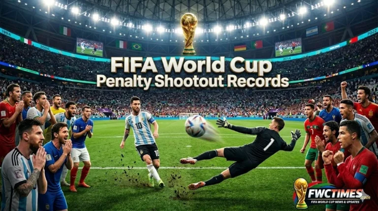 Dramatic FIFA World Cup penalty shootout scene with goalkeeper diving to save a crucial penalty kick.