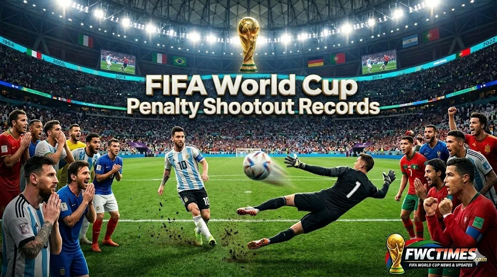 Dramatic FIFA World Cup penalty shootout scene with goalkeeper diving to save a crucial penalty kick.