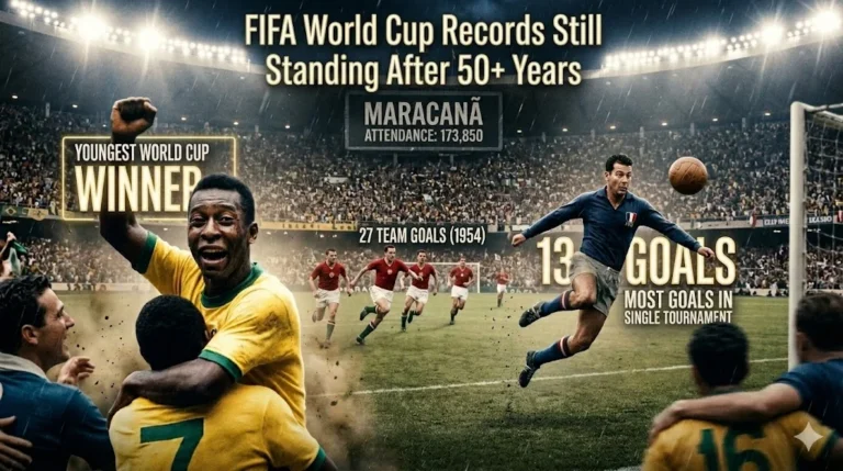 Historic FIFA World Cup scene representing long-standing tournament records from the 1950s to 1970