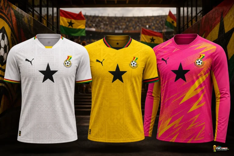 Ghana FIFA World Cup 2026 kits showing the white home jersey, yellow away jersey and pink goalkeeper shirt with a small World Cup logo in the corner