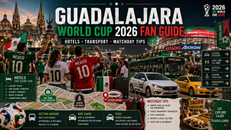 Guadalajara World Cup 2026 fan guide image with hotels, transport, fans, and Estadio Akron.