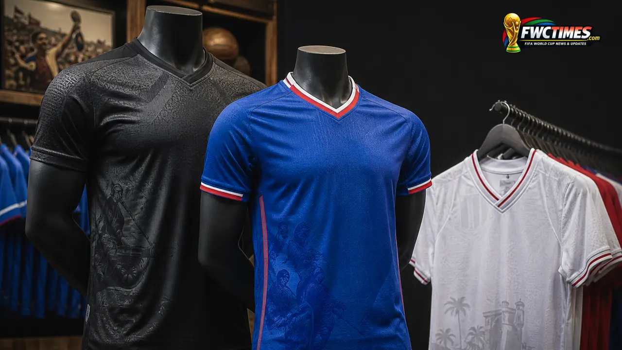 Haiti 2026 home, away, and goalkeeper football jerseys in a premium editorial display