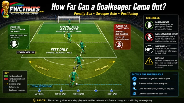 Goalkeeper positioning guide showing how far a keeper can come out with penalty box and rule zones.