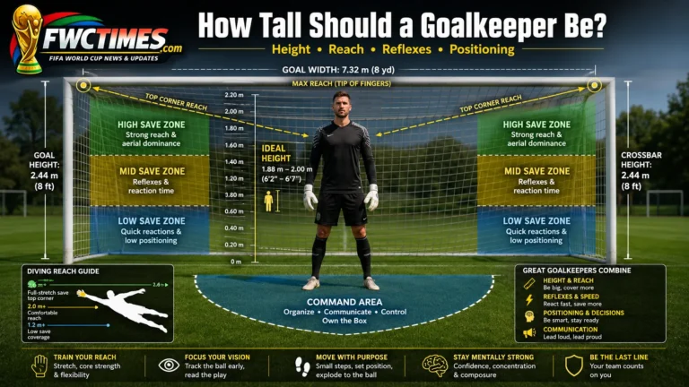Goalkeeper height guide image with reach lines, save zones, and goal frame measurement graphics.