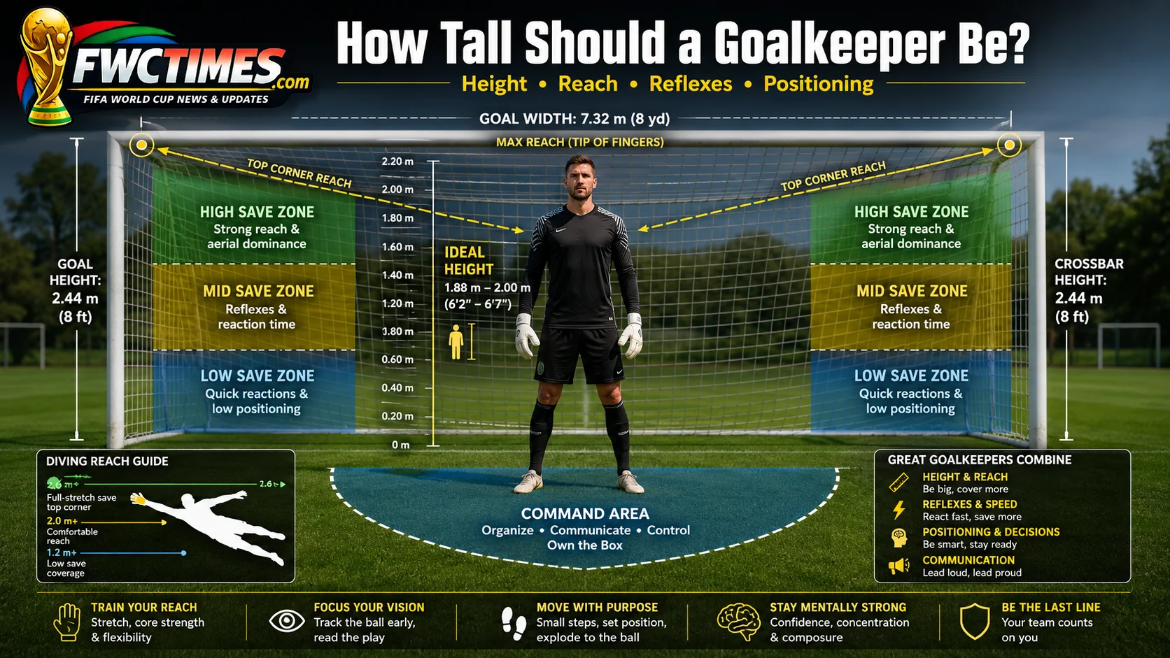 Goalkeeper height guide image with reach lines, save zones, and goal frame measurement graphics.