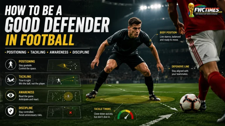 Football defender training image with tactical arrows, positioning zones, and defensive tips.