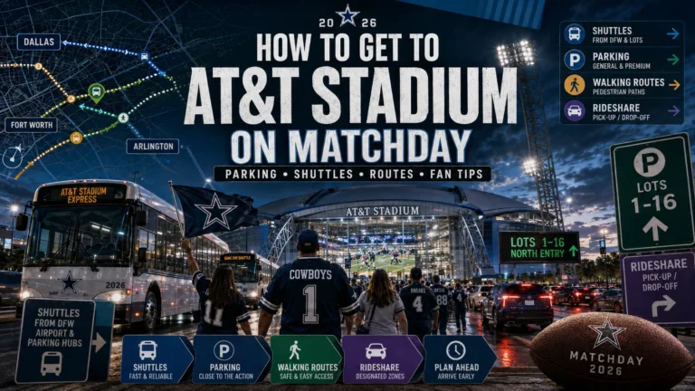 Fans traveling to AT&T Stadium on matchday with parking, shuttle, and route graphics.