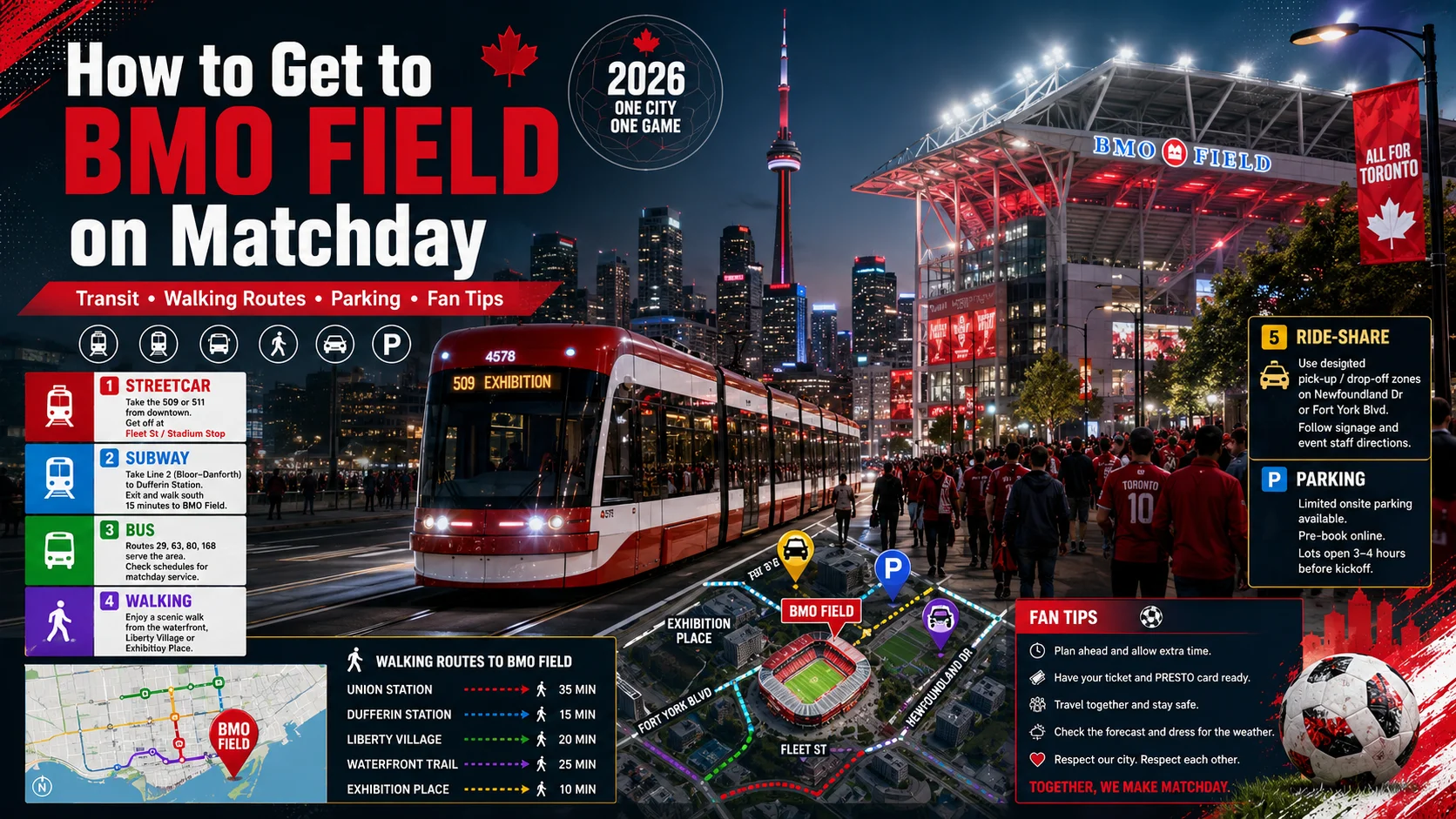 Fans traveling to BMO Field on matchday with Toronto transit, parking, and route graphics.