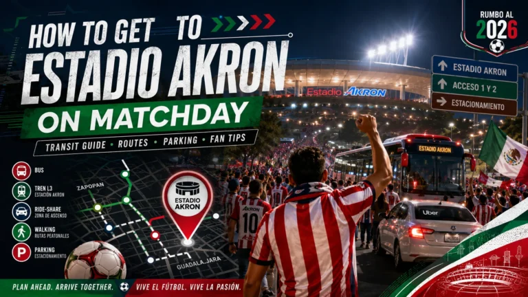 Fans traveling to Estadio Akron on World Cup 2026 matchday with transit and route graphics.