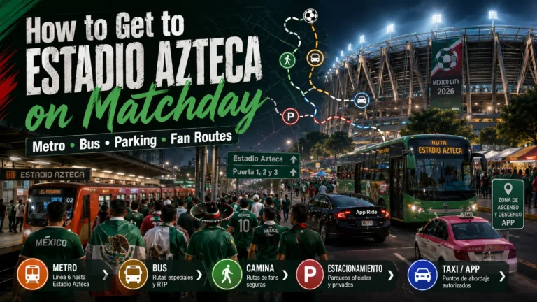 Football fans traveling to Estadio Azteca on matchday with Mexico City transit route graphics.