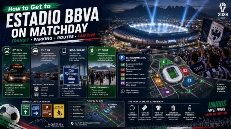 Fans traveling to Estadio BBVA on matchday with Monterrey transit, parking, and route graphics.