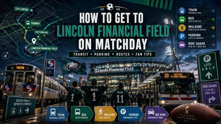 Fans traveling to Lincoln Financial Field on matchday with transit, parking, and route graphics.