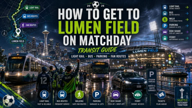 Fans traveling to Lumen Field on matchday with Seattle transit and route graphics.