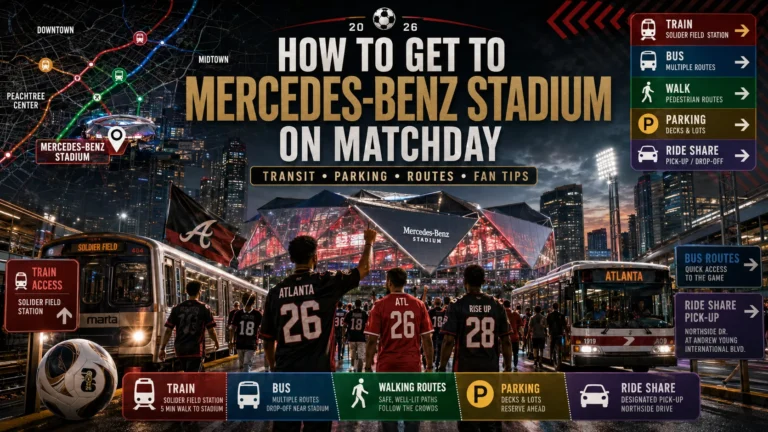 Fans traveling to Mercedes-Benz Stadium on matchday with Atlanta transit and parking route graphics.
