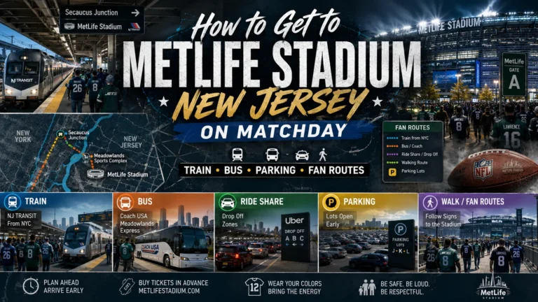 Fans traveling to MetLife Stadium New Jersey on matchday with train, bus, parking, and route graphics.