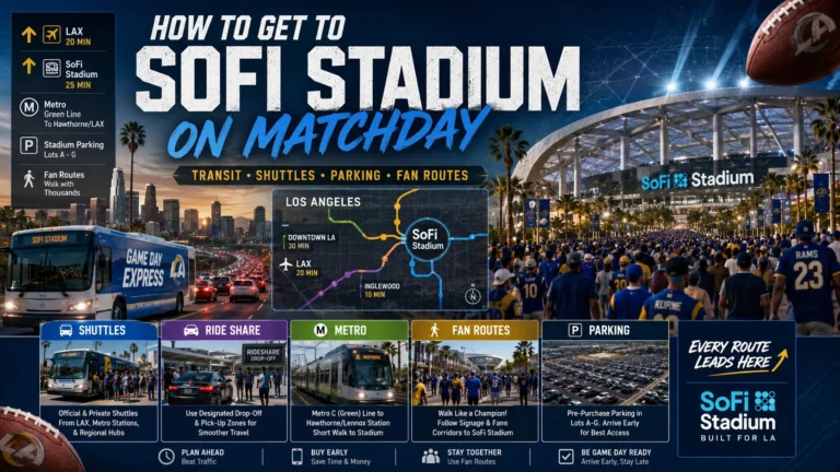 Fans traveling to SoFi Stadium on matchday with Los Angeles transit, shuttle, and parking graphics.