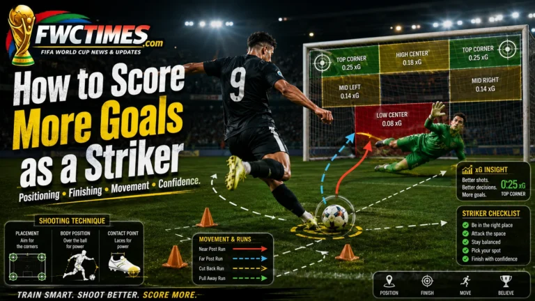 Striker training image showing shooting zones, finishing technique, and goal-scoring movement.