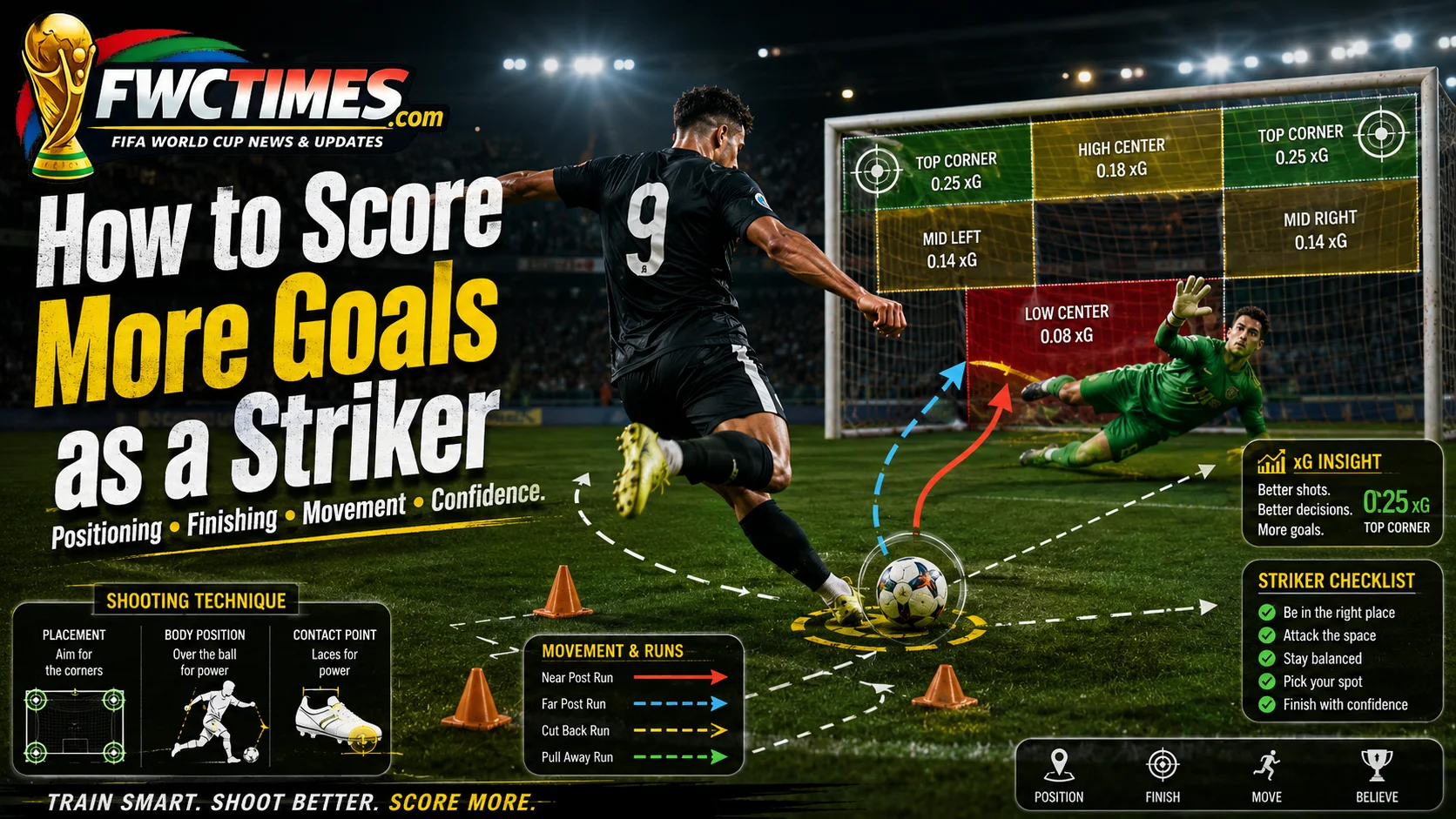 Striker training image showing shooting zones, finishing technique, and goal-scoring movement.