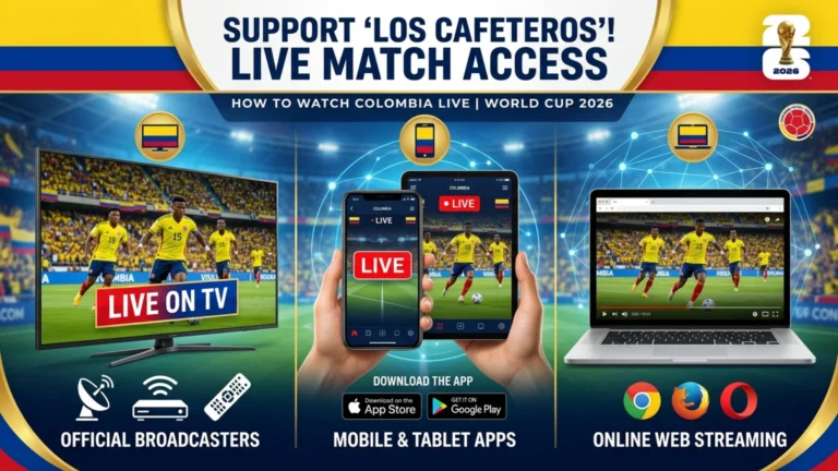 Fans watching Colombia World Cup 2026 matches live online, on mobile, and TV with streaming apps and football action from FIFA 2026.