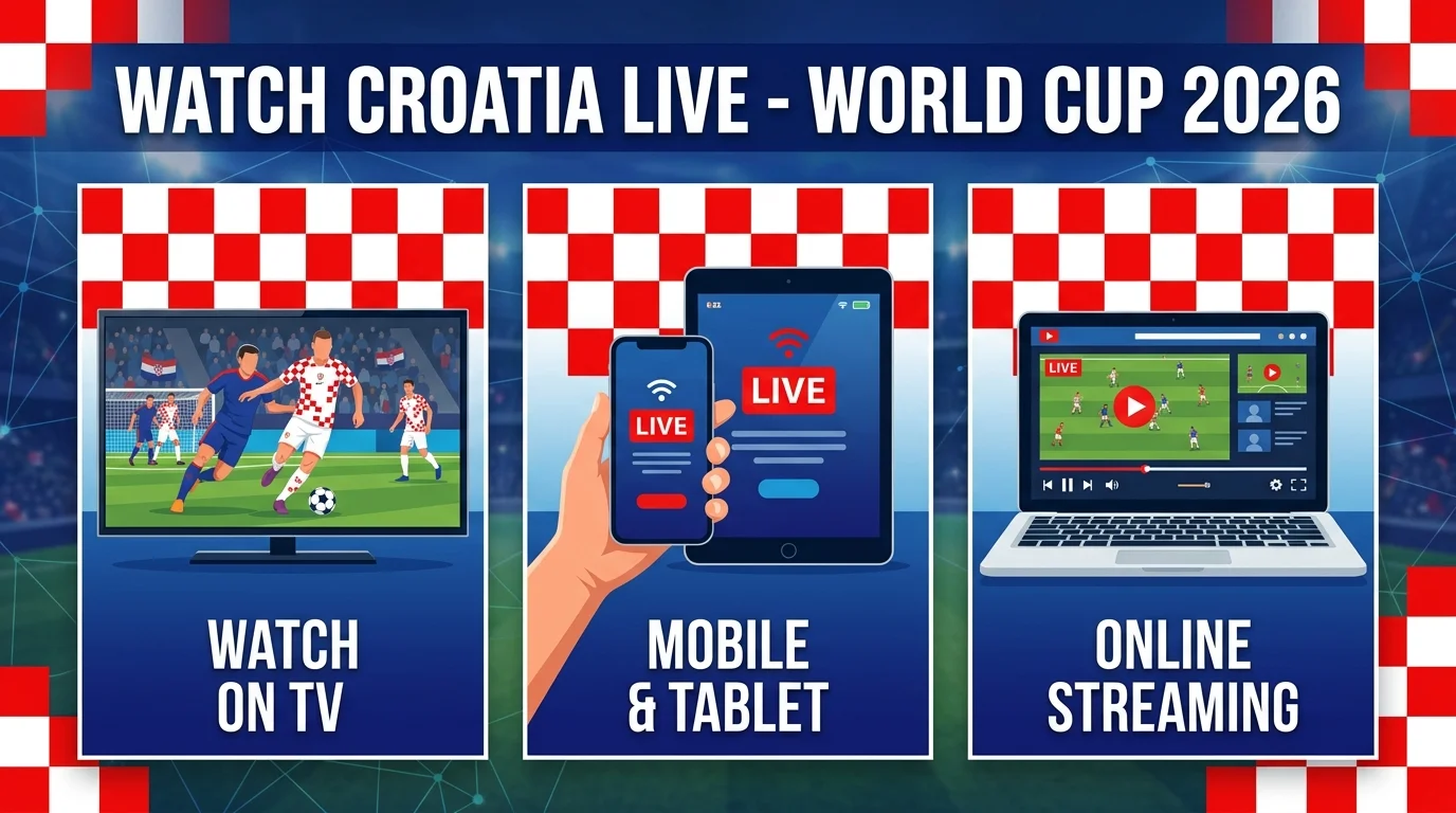 Fans watching Croatia World Cup 2026 matches live online on mobile, smart TV, and streaming apps with exciting football action worldwide