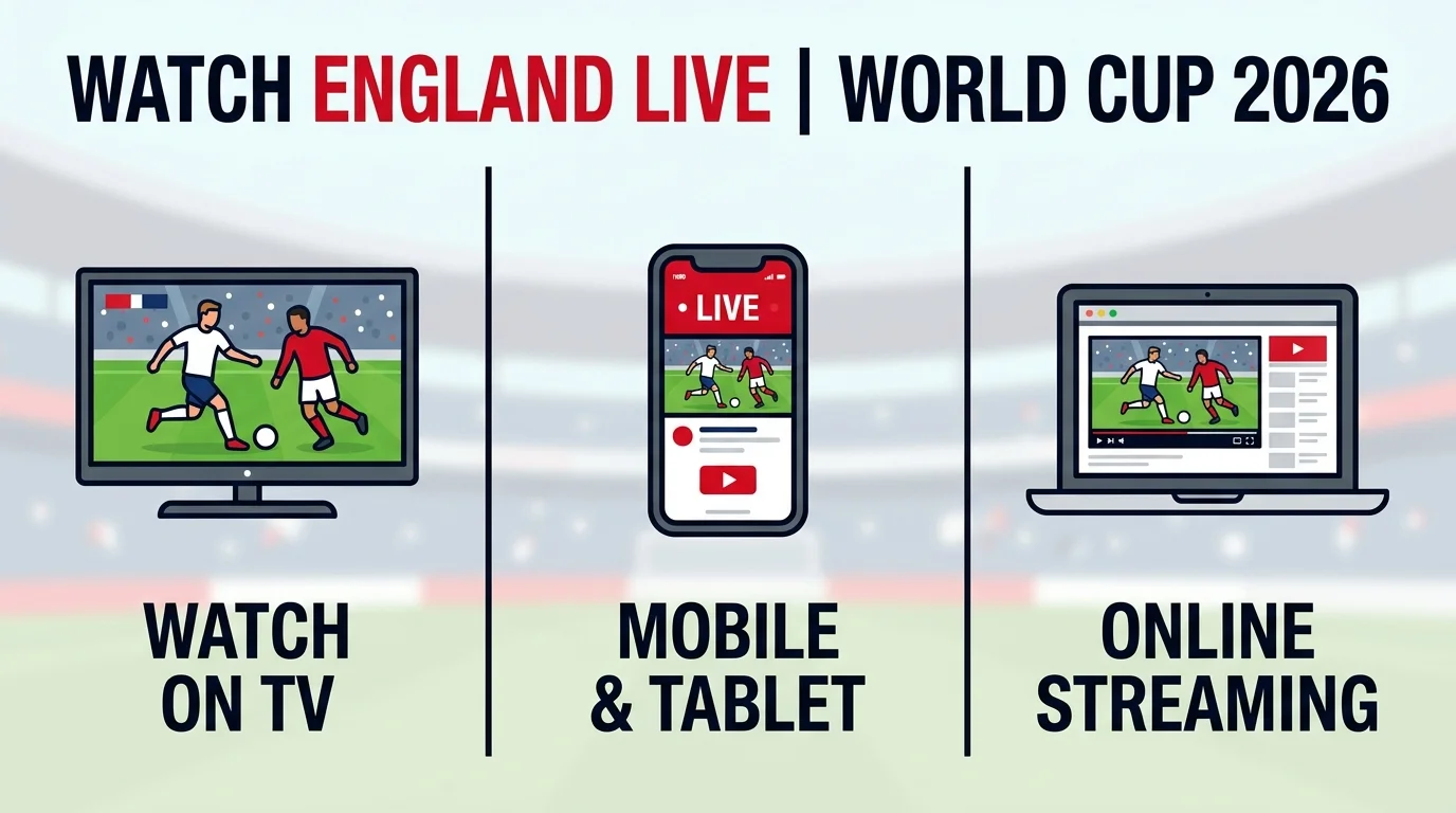 England fans watching FIFA World Cup 2026 live online on mobile, TV, and streaming apps with match coverage, highlights, and live football action.
